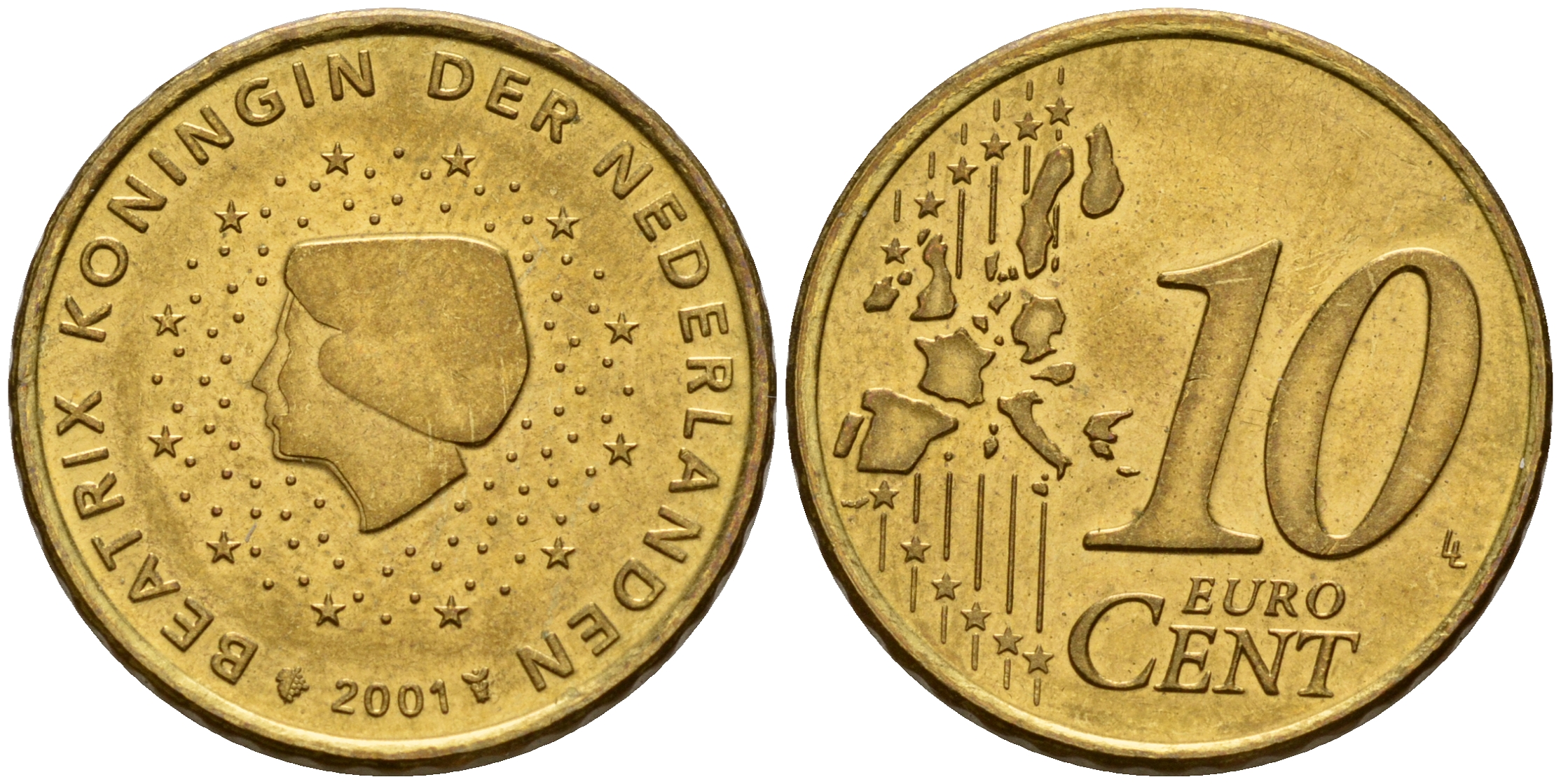 Нидерланды 10 евроцентов 2001 Беатрикс (1980-2013) KM 237 нордик  UNC  4598-222