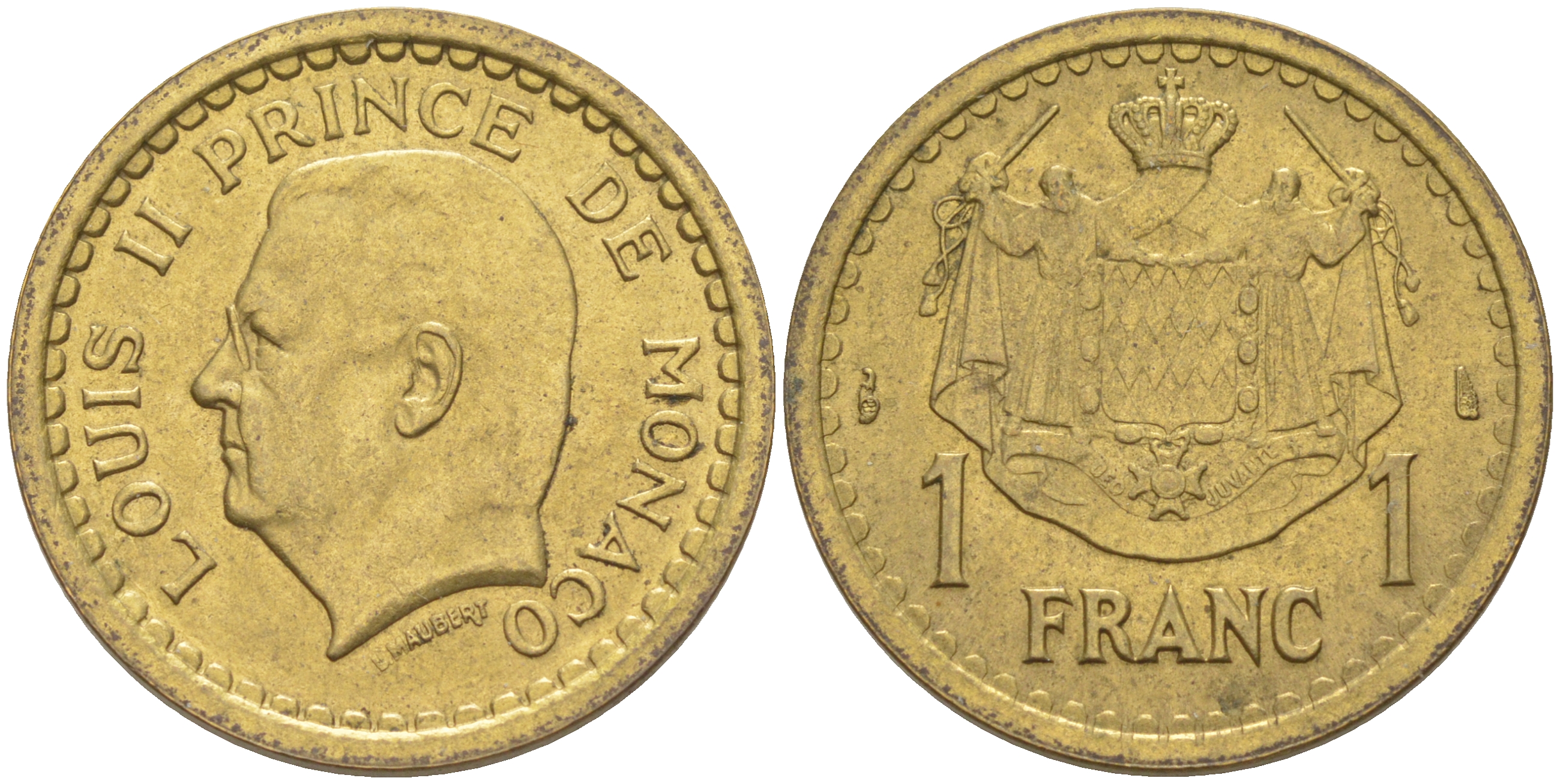 Монако 1 франк 1945 Луи II (1922-1949) KM 120 a алюминиевая бронза 190-526