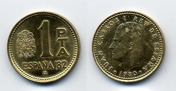 Испания 1 песета 1980 (82) чемпионат мира по футболу в Испании 1982 года, Хуан Карлос I (1975-) KM 816 алюминиевая бронза 54-1747