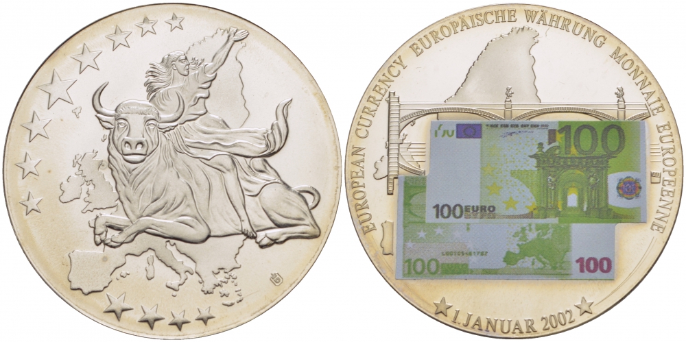 НИДЕРЛАНДЫ МЕДАЛЬ 2002 ПОХИЩЕНИЕ ЕВРОПЫ, КУПЮРА 100 ЕВРО, СЕРЕБРЕНИЕ, ЦВЕТНАЯ ЭМАЛЬ, ДИАМЕТР 40 ММ. ВЕС 27,92 ГР. медно-никель PROOF 1082-8-43