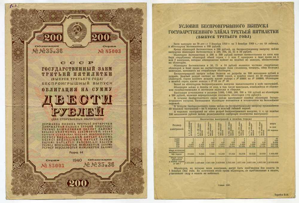 СССР, Государственный заем третьей пятилетки (выпуск третьего года), беспроигрышный выпуск 200 рублей, 2 облигации 1940 ГЦБ 40.1.5 бумага 7457-59-1