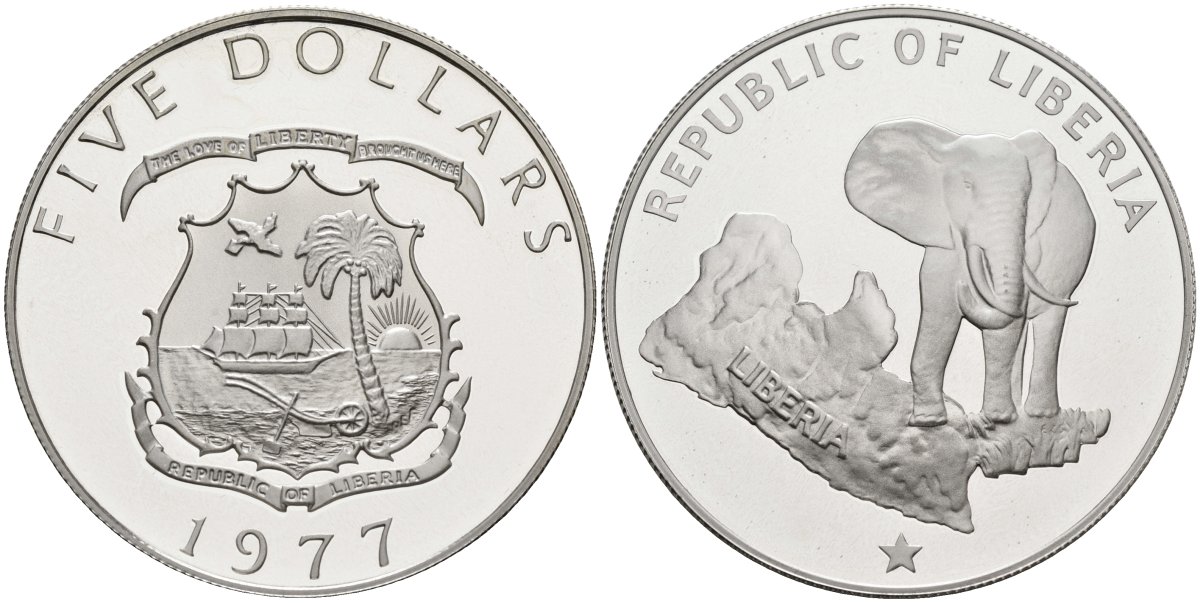 Либерия 5 долларов 1977 слон на фоне карты KM 29 серебро PROOF 11-320-22