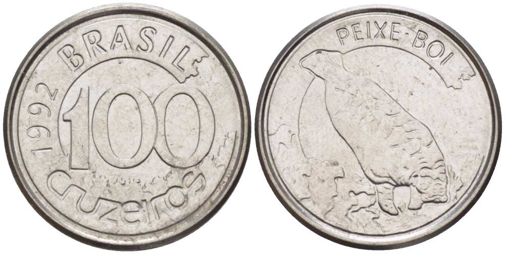 БРАЗИЛИЯ 100 КРУЗЕЙРО 1992 РЕФОРМА 1990-1993, ЛАМАНТИН KM 623 нержавеющая сталь 4387-331