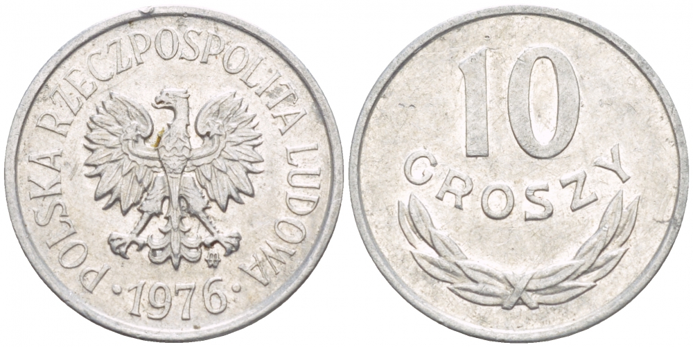 ПОЛЬША 10 ГРОШЕЙ 1976 MW KM АА47 алюминий 4547-937