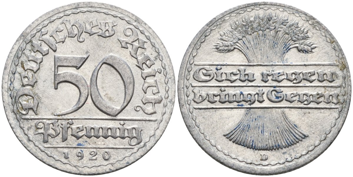 Германия 50 пфеннигов 1921 D KM 27, J.301, Weege 10 алюминий UNC 4584-736