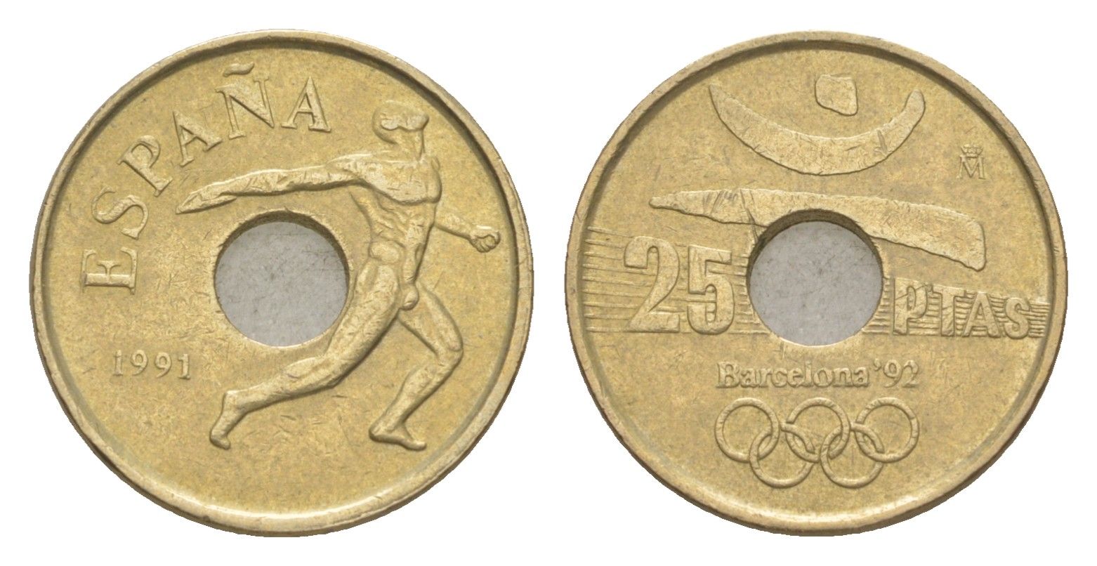 Испания 25 песет 1991 XXV летние Олимпийские Игры, Барселона 1992, Эмблема Олимпиады KM 850 алюминиевая бронза 4623-1255
