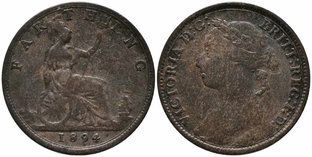 Великобритания 1 фартинг 1894 Виктория (1837-1901) KM 753, Spink 3958 бронза 113-114