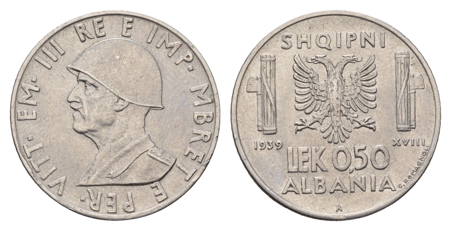 Албания 0,5 лек 1939 год-тип, не магнетик KM 30a нержавеющая сталь 1515-2314