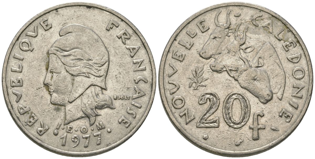 Французская Новая Каледония 20 франков 1977 три быка, (IEOM) KM 12, Schoen 14, Lec 107 никель 4680-346