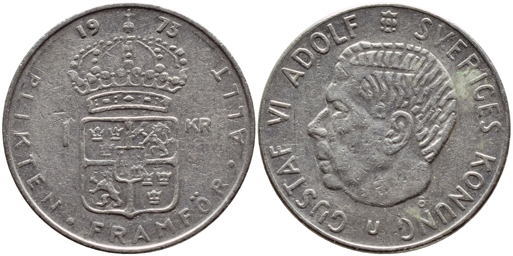 Швеция 1 крона 1973 Густав VI Адольф (1950-1973) KM 826а медь плакированная медно-никелем 4395-1023