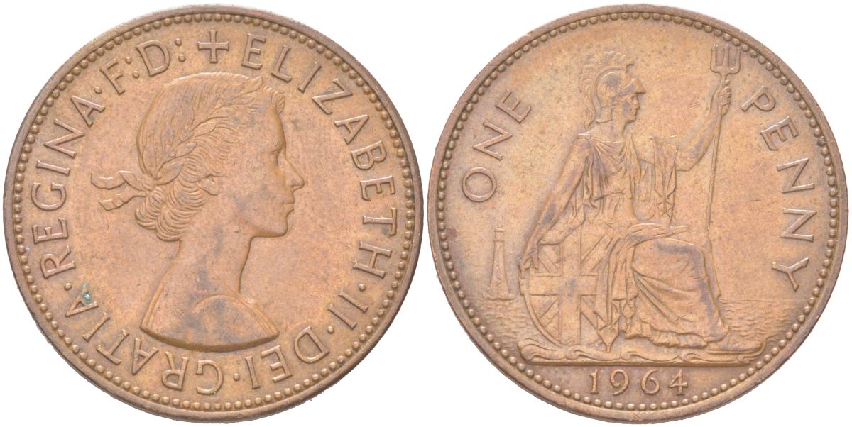 Великобритания 1 пенни 1964 Елизавета II (1952-2022) KM 897, Spink 4157 бронза 4165-1122