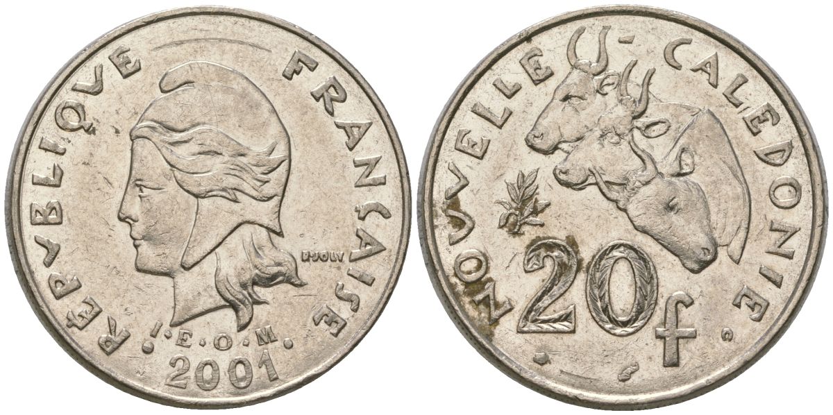 Французская Новая Каледония 20 франков 2001 три быка, (IEOM) KM 12, Schoen 14, Lec 115e никель 4131-526