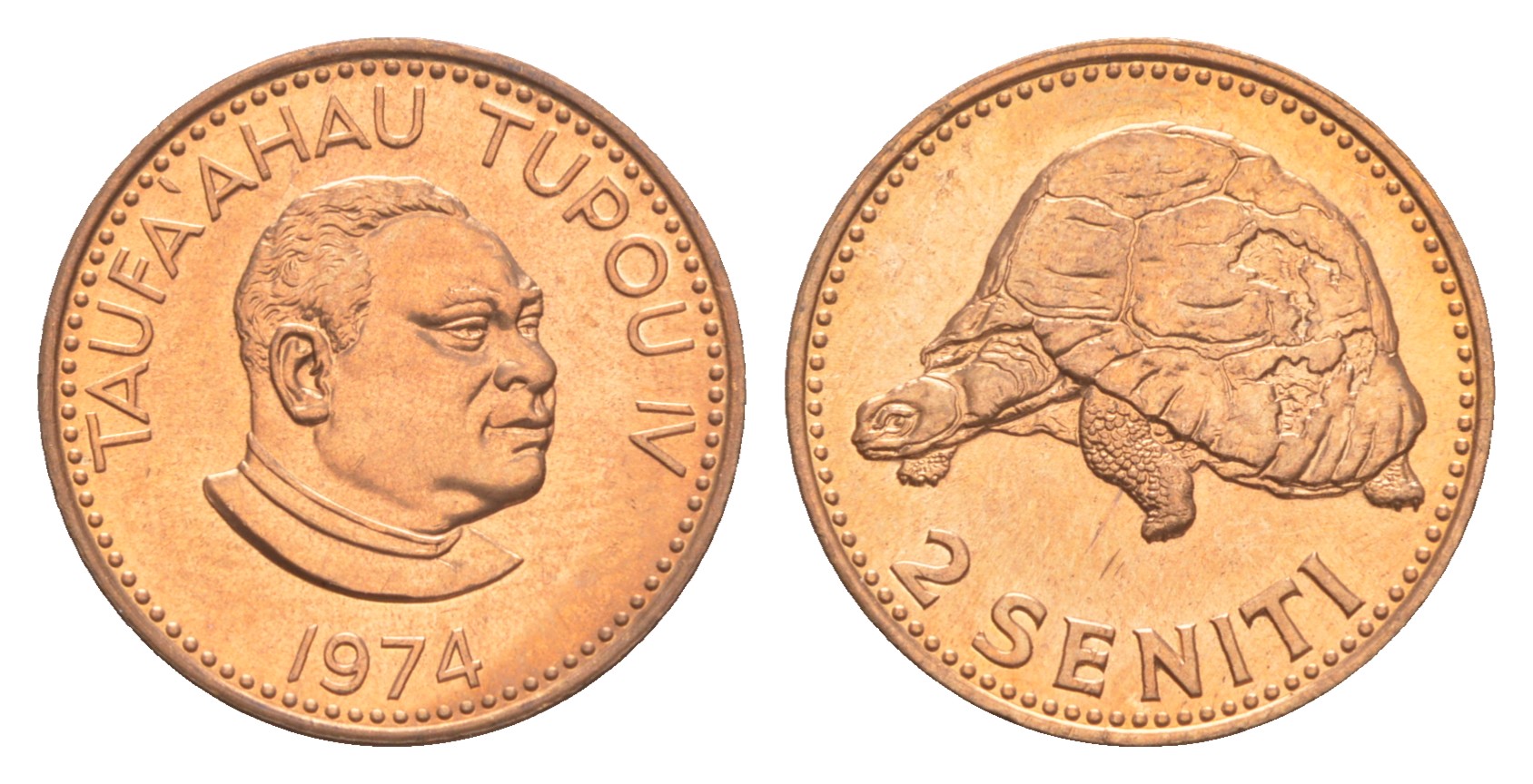 Тонга 2 сенити 1974 король Тауфа’ахау Тупоу IV (1967-2006), черепаха KM 28 бронза  UNC M68-17