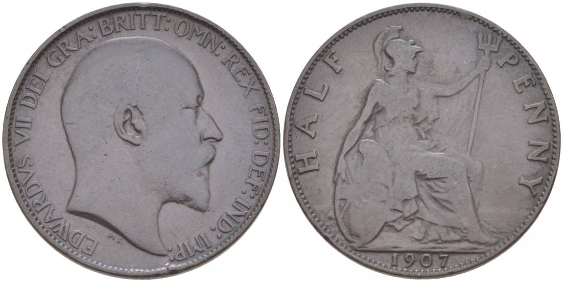 Великобритания 1/2 пенни 1907 Эдуард VII (1901-1910) KM 793.2, Spink 3991 бронза 68-123
