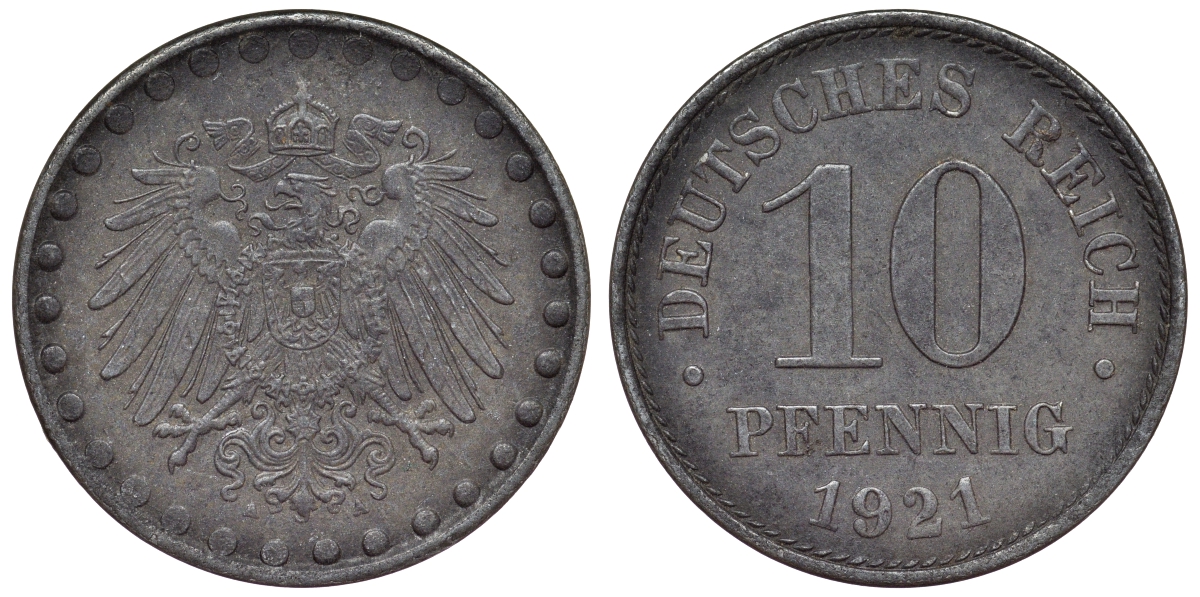 Германия 10 пфеннигов 1921 A KM 20, J. 298 железо 4119-145