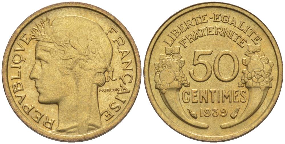 ФРАНЦИЯ 50 САНТИМОВ 1939 ТИП MORLON KM 894.1, LE FRANC 192.15 алюминиевая бронза 44-855