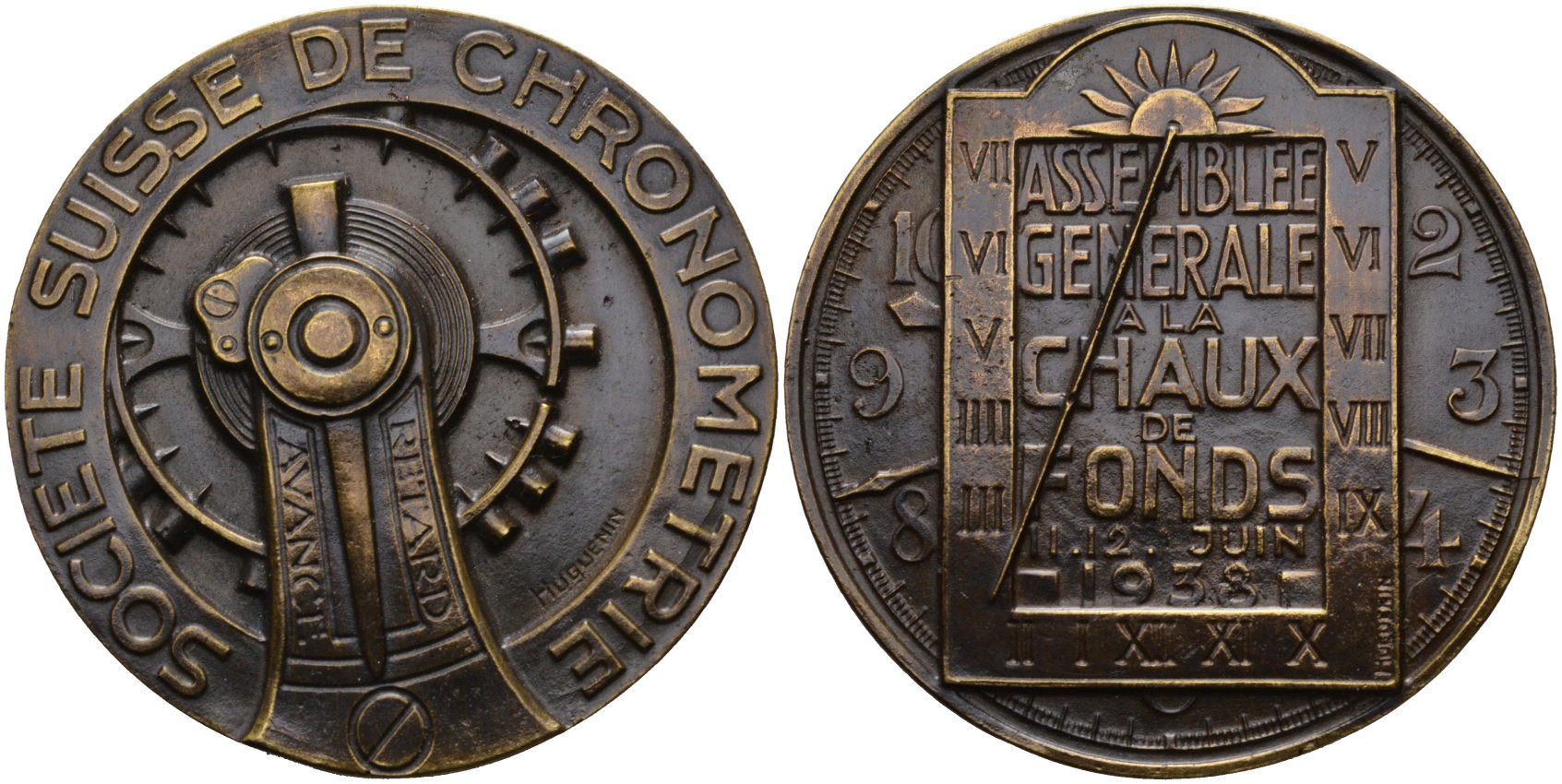 Швейцария медаль 1938 Medaille Assemblée Generale SOCIETE SUISSE DE CHRONOMETRIE 1938, Швейцарское хронометрическое общество, диаметр 49 мм. бронза 00-817-31