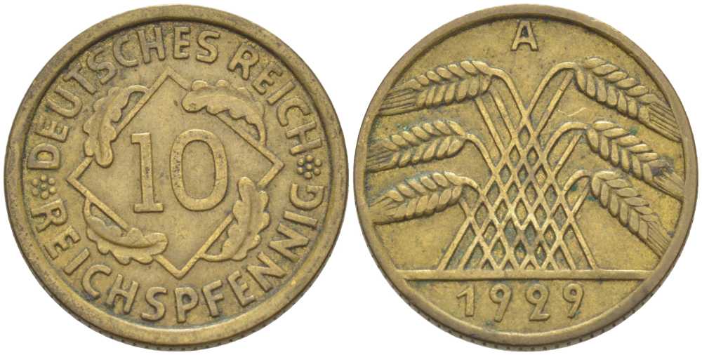ГЕРМАНИЯ 10 РЕЙХСПФЕННИГОВ 1929 A KM 40, J. 317, Weege 9 алюминиевая бронза 210-411