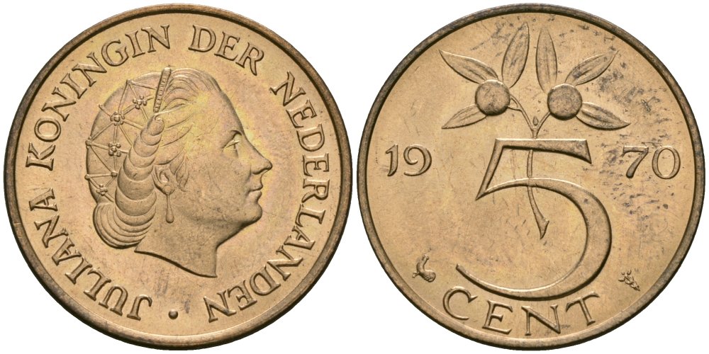 Нидерланды 5 центов 1970 Юлиана (1948-1980) KM 181 бронза 4579-626