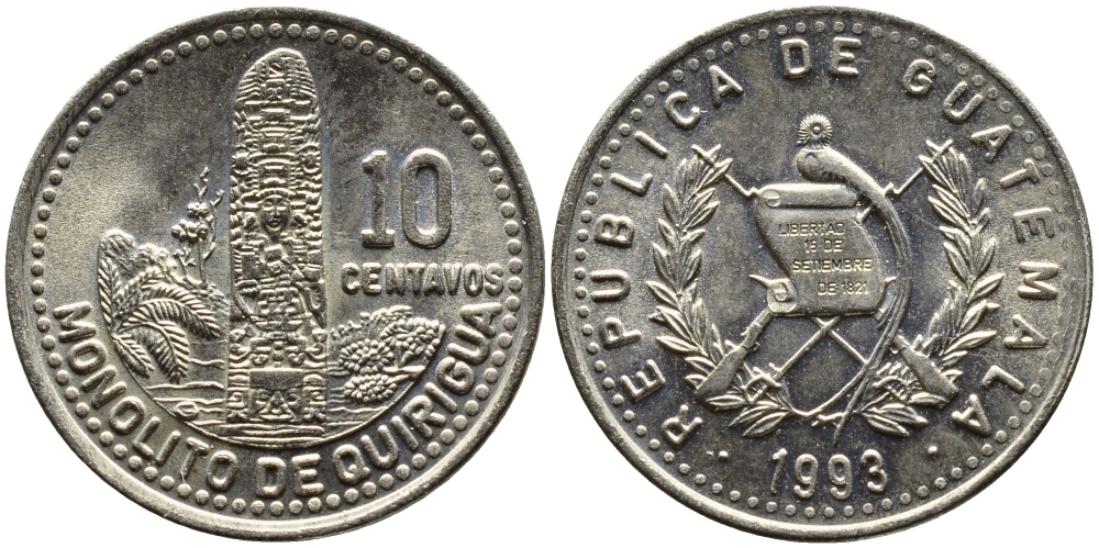 Гватемала 10 сентаво 1993 монолиты Киригуа KM 277.5 медно-никель UNC 4390-112