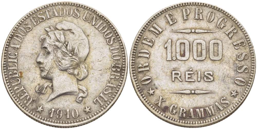 Бразилия 1000 рейс 1910 голова Свободы влево KM 507 серебро    4531-143