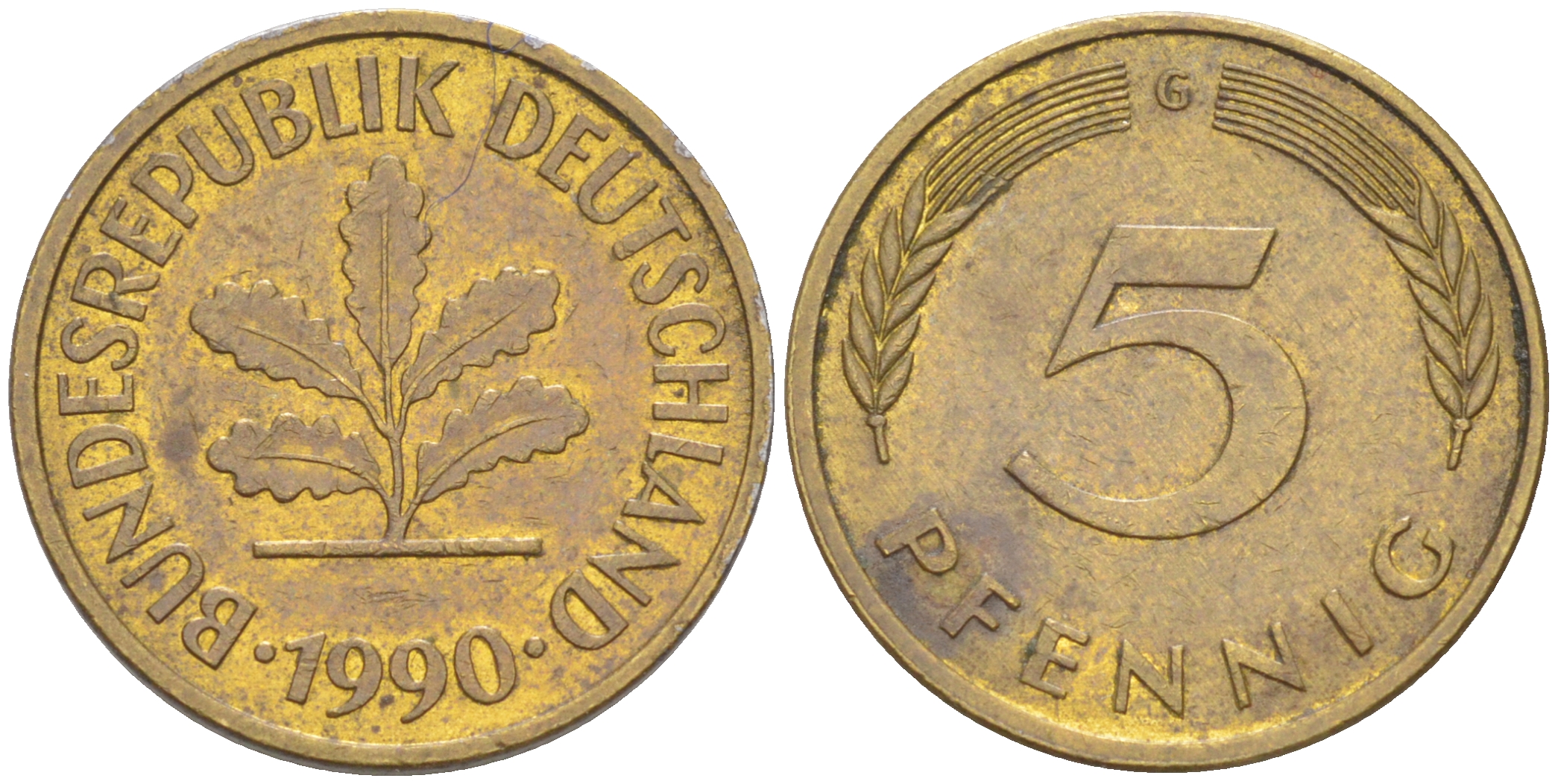 ФРГ 5 пфеннигов 1990 G KM 107, J. 382 сталь плакированная латунью 4514-1125