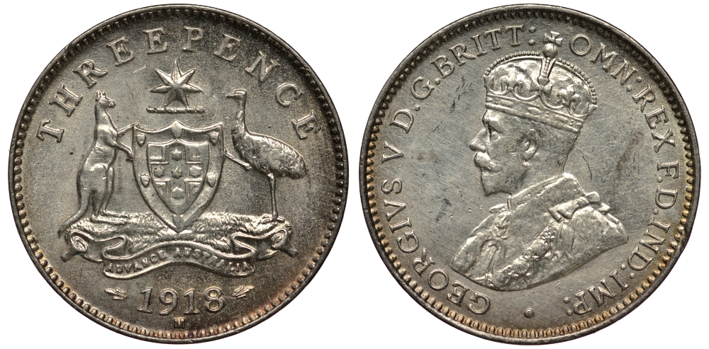 Австралия 3 пенса 1918 M, Георг V (1910-1936) KM 24 серебро aUNC 272-434