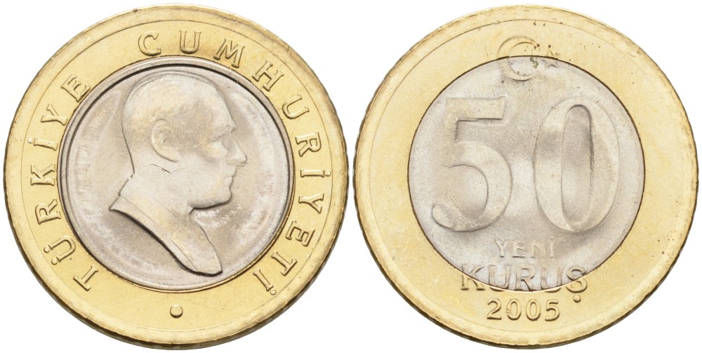 Турция 50 курушей 2005 Кемаль Ататюрк KM 1168 биметалл аUNC 4561-114