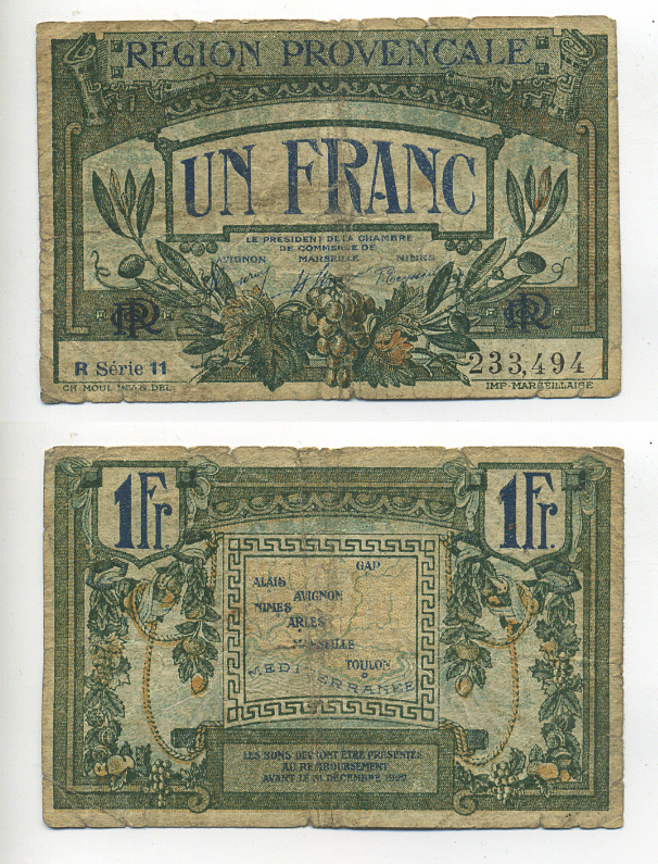 ФРАНЦИЯ 1 ФРАНК 1922 ПРОВИНЦИЯ МАРСЕЛЬ бумага 6280-28-1