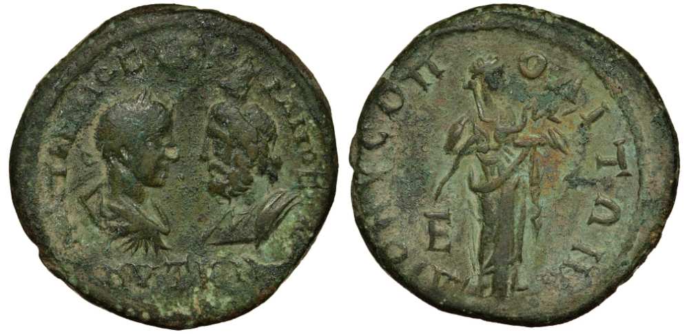 Римская Империя, Провинция Верхняя Мезия, Дионисополь пентассарий 238 - 244 Гордиан III, бюсты Гордиана III и Сераписа / Салюта, 12,52 гр SNRIS Dionysopolis 12 медь 1073-5-4-4