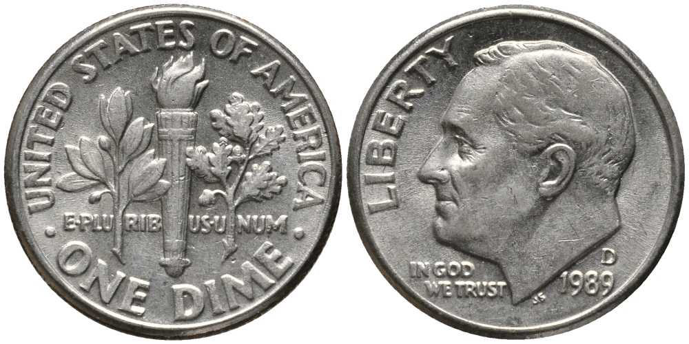 США 10 ЦЕНТОВ = 1 ДАЙМ 1989 D, РУЗВЕЛЬТ KM 195а медь плакированная медно-никелем 112-652