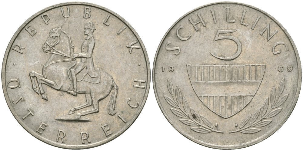 Австрия 5 шиллингов 1969 KM 2889a медно-никель 4579-337