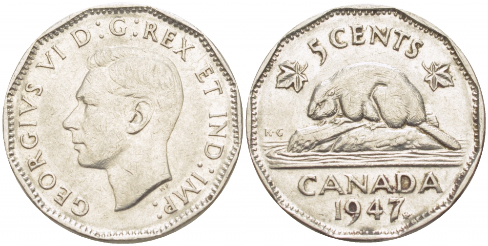 Канада 5 центов 1947 бобр Maple leaf, Георг VI (1936-1952) KM 39a никель 4539-752