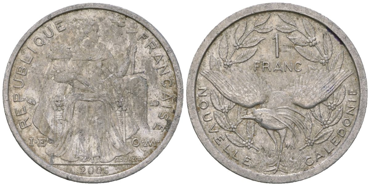 Французская Новая Каледония 1 франк 2006 птица кагу, (IEOM) KM 10, Schoen 10, Lec 52k алюминий 51-311