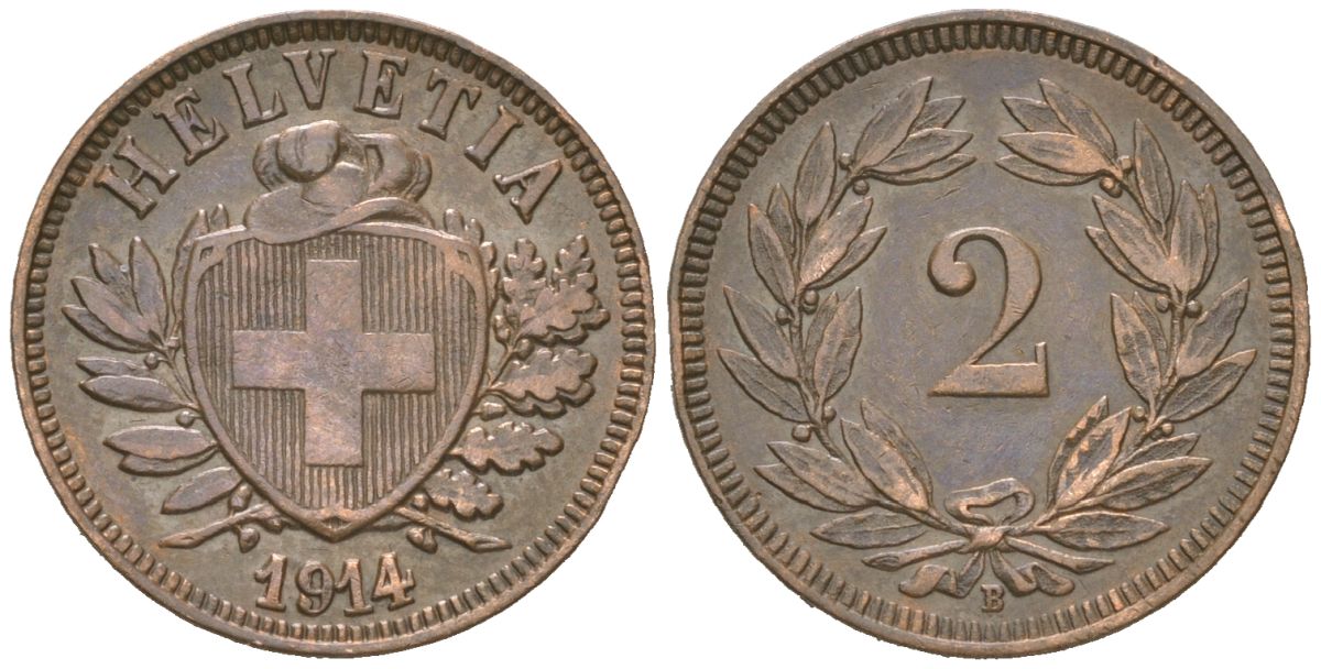 Швейцария 2 раппена 1914 B KM 4 бронза 4189-251