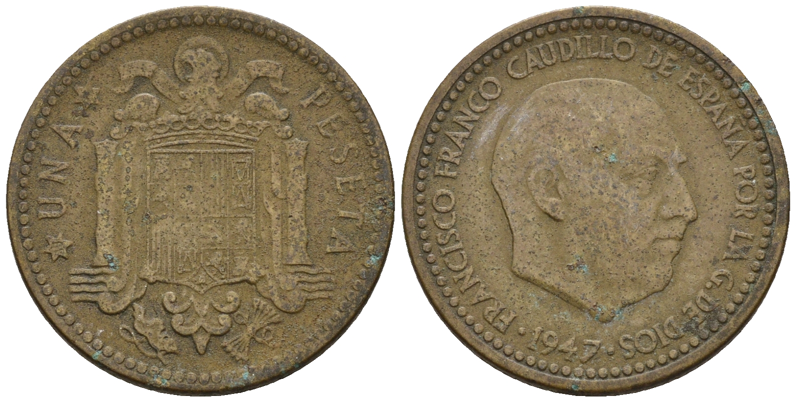 Испания 1 песета 1947 (48) Франциско Франко (1939-1975) KM 775 алюминиевая бронза 259-354