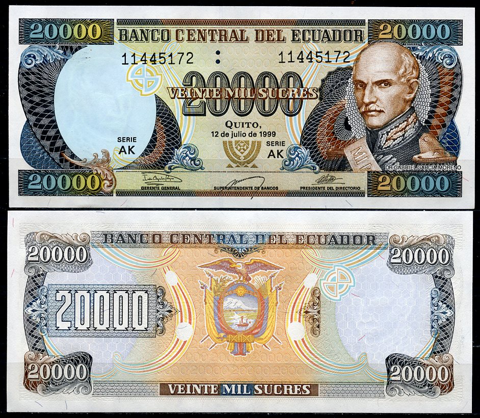 Эквадор 20000 сукре 1999 12 июля 1999, Габриель Гарсия Морено Pick 129 f  бумага  UNC (пресс) 447-126-3