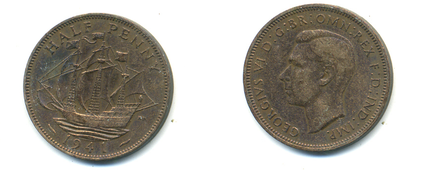 Великобритания 1/2 пенни 1941 Георг VI (1936-1952) KM 844, Spink 4115 бронза 83-442