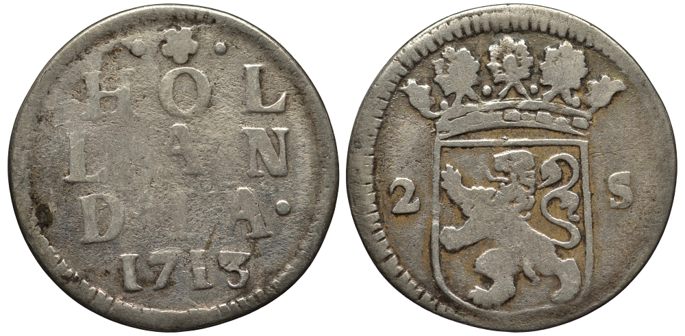 Нидерланды, Голландия 2 стювер (стейвер) 1713 KM 48 серебро 443-432