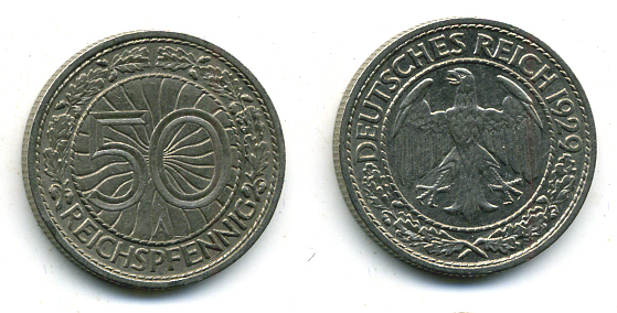 Германия 50 рейхспфеннигов 1929 А KM 49, J. 324 никель 58-527