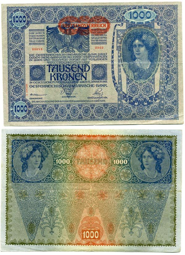 АВСТРИЯ 1000 КРОН 1919 ГОРИЗОНТАЛЬНАЯ НАДПЕЧАТКА НА 1902 Pick 57а бумага 7146-15-2-1