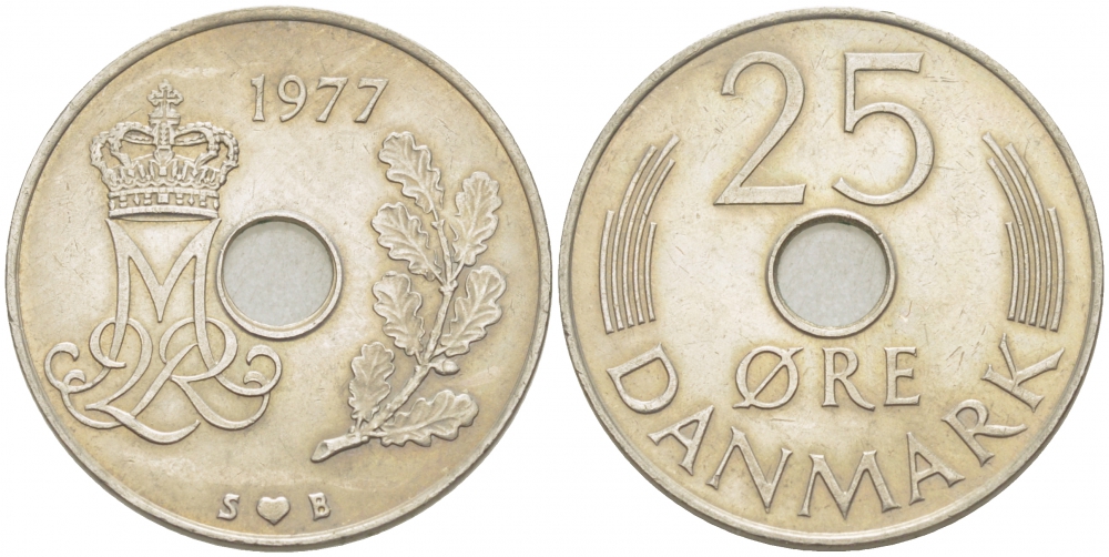 ДАНИЯ 25 ЭРЕ 1977 S; B, МАРГРЕТЕ II (1972-) KM 861.1 медно-никель 4402-1252