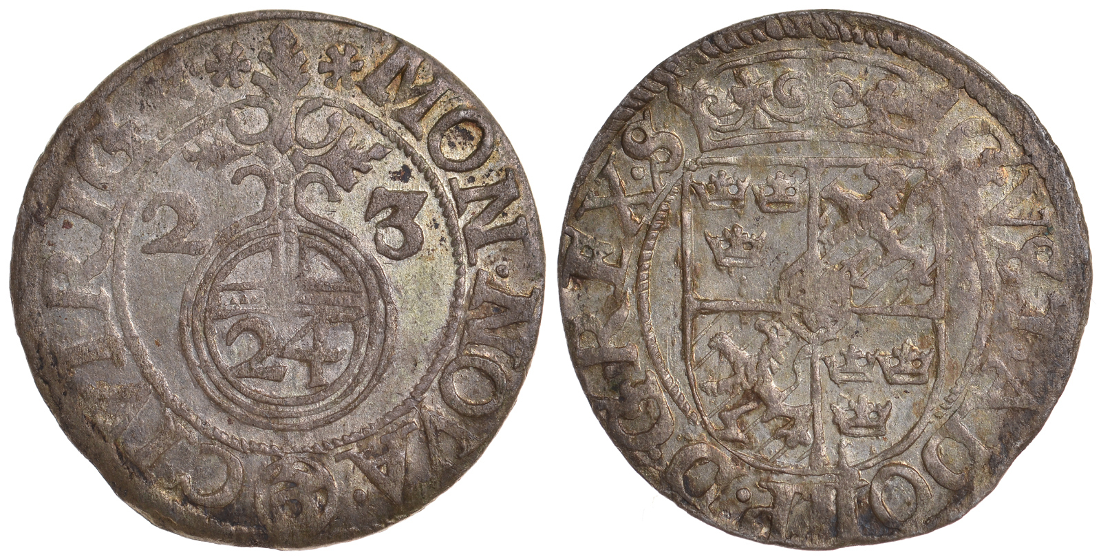 ЛИВОНИЯ, РИГА, ШВЕДСКАЯ ОККУПАЦИЯ 1621-1721 1/24 ТАЛЕРА 1623 ГУСТАВ II АДОЛЬФ KM 10 серебро 1527-535