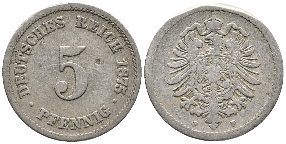 ГЕРМАНИЯ 5 ПФЕННИГОВ 1875 F, СТАРОГЕРБОВКА KM 3, J. 3 медно-никель 39-362