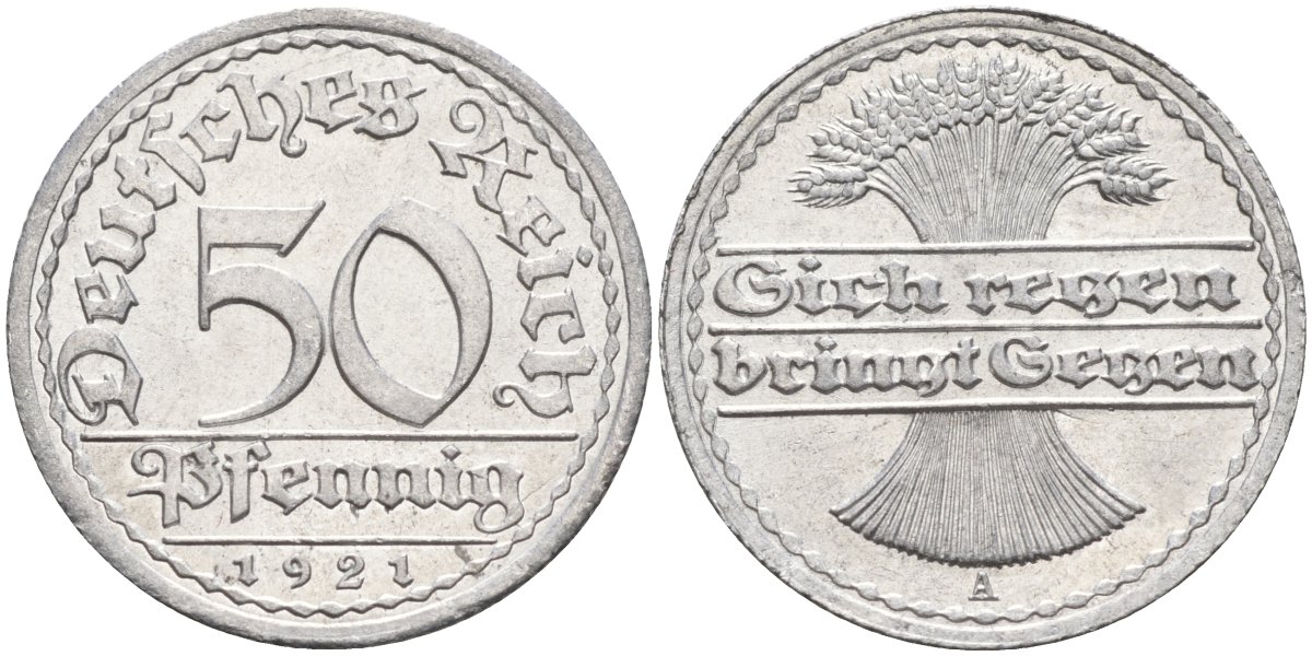 Германия 50 пфеннигов 1921 A KM 27, J.301, Weege 10 алюминий UNC 4584-827