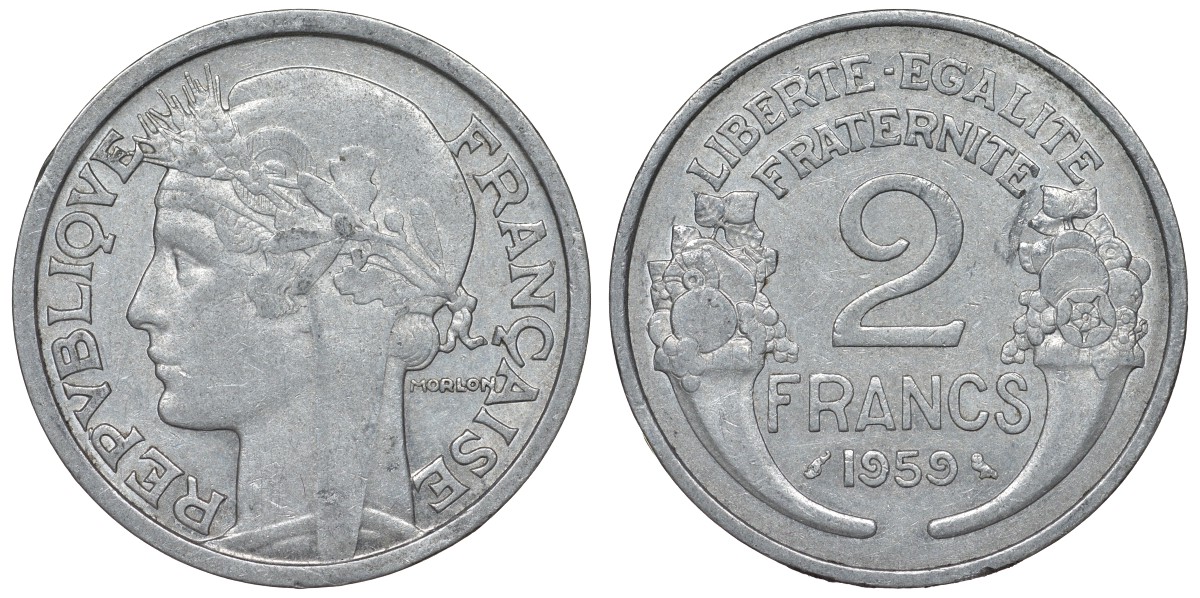 Франция 2 франка 1959 KM 886а.1, Le Franc 269.19 алюминий 4123-414