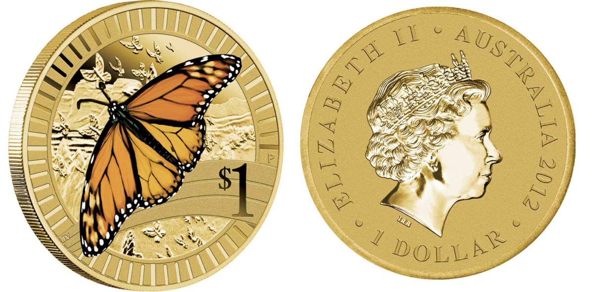 Австралия 1 доллар 2012 серия животные спортсмены, бабочка данаида монарх, цветная эмаль KM 1810 алюминиевая бронза UNC 00-00