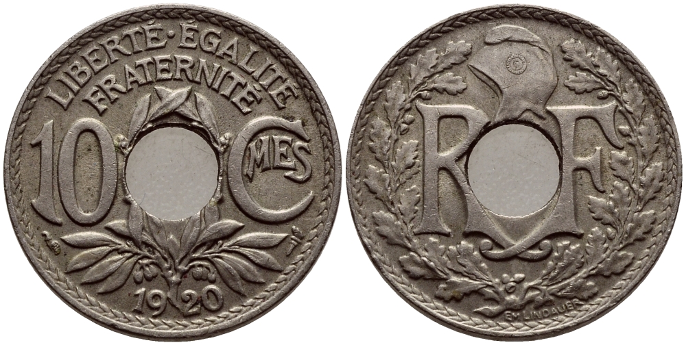 ФРАНЦИЯ 10 САНТИМОВ 1920 ТИП ЛИНДАЙЁ KM 866а медно-никель 08-1141