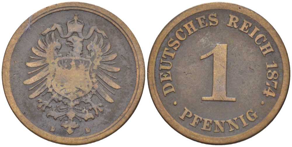 ГЕРМАНИЯ 1 ПФЕННИГ 1874 D, СТАРОГЕРБОВКА KM 1, J. 1, Weege 1 медь 206-1024