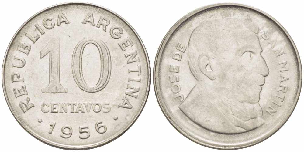 Аргентина 10 сентаво 1956 генерал Хосе де Сан Мартин KM 51 сталь плакированная никелем 105-556